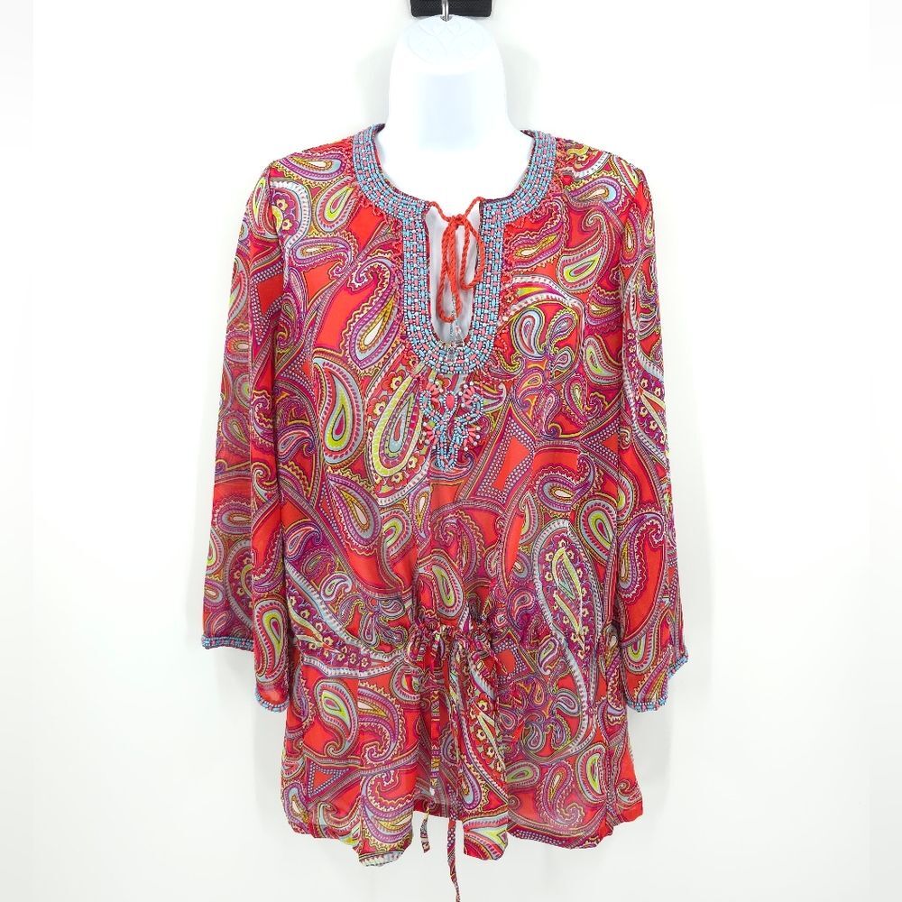 Antonio Melani Beaded Peasant Top Paisley Print Tassels Boho Cinch Waist NWT
